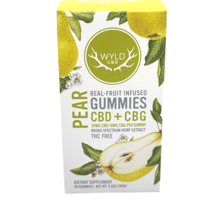 Wyld CBD Pear 1200mg CBD CBG Real Fruit Gummies 40 count box at CBD on Broadway in Littleton CO