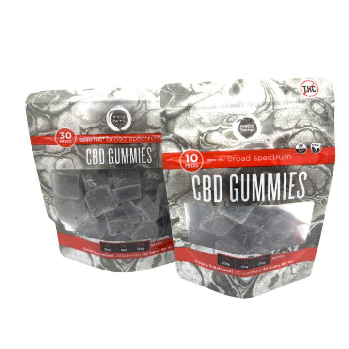 Metta Hemp Broad Spectrum CBD Gummies 10 count and 30 count pouches at CBD on Broadway in Littleton CO
