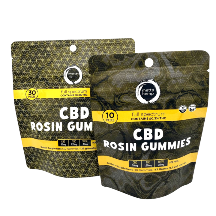 Metta Hemp Full Spectrum CBD Rosin Gummies 10 count and 30 count pouches at CBD on Broadway in Littleton CO
