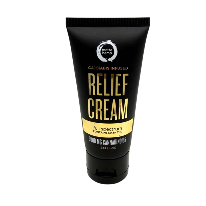 Metta Hemp 3000mg Full Spectrum Cannabis Infused Relief Cream 2oz tube at CBD on Broadway in Littleton CO